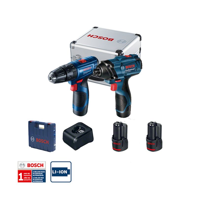 Combo-12V-Bosch-Chave-de-Impacto-GDR-120-LI---Parafusadeira-GSR-120-LI-2-Baterias-Carregador-Bivolt-Kit-de-Acessorios-em-Maleta-de-aluminio