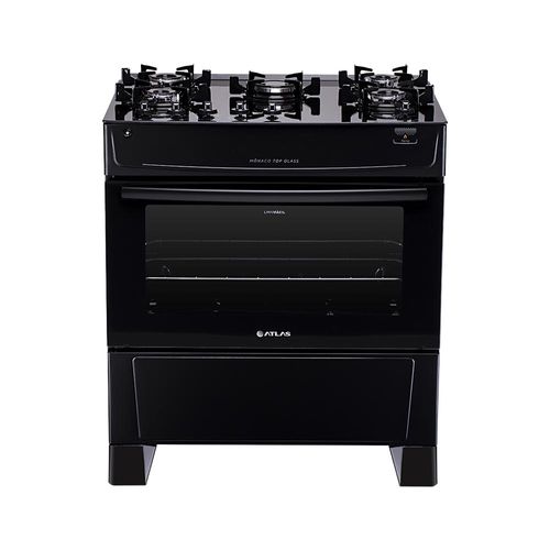 Fogão De Piso Atlas Monaco Top Glass 5 Bocas Mesa De Vidro Forno 86,5 Litros Preto Bivolt