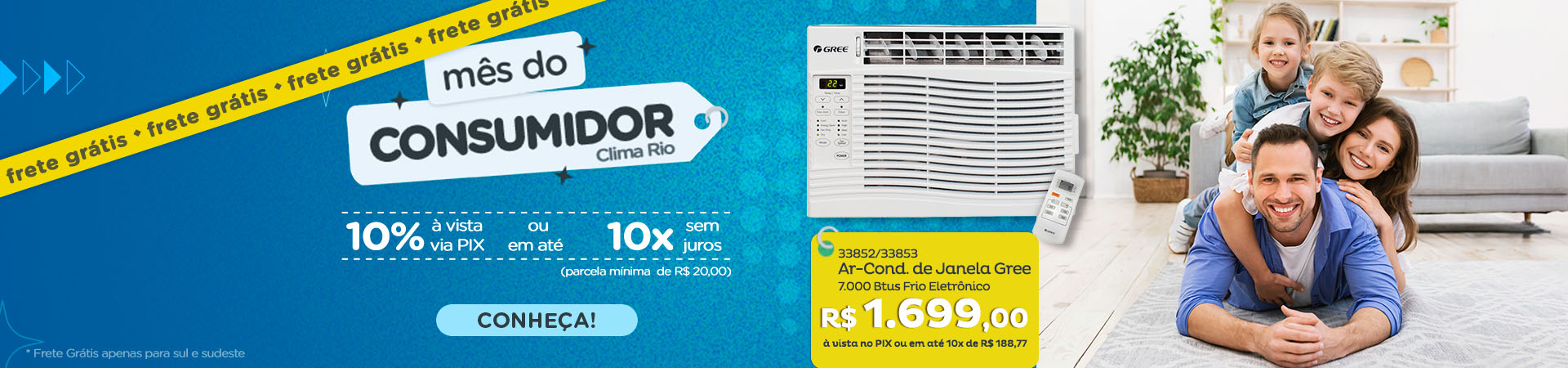 Banner promocional indicando ar-condicionado de Janela da Gree de 7.000 btus 